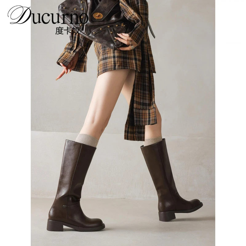 度卡奴松弛感~真皮圆头宽筒围骑士靴女秋冬美拉德中跟高筒长筒靴