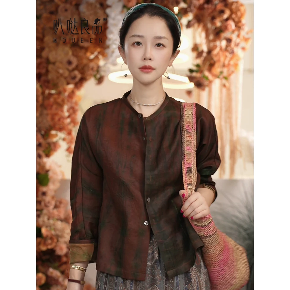 Y【叭哒不惑】兰亭上 桑蚕丝休闲复古夏季晕染衬衫百搭上衣外套