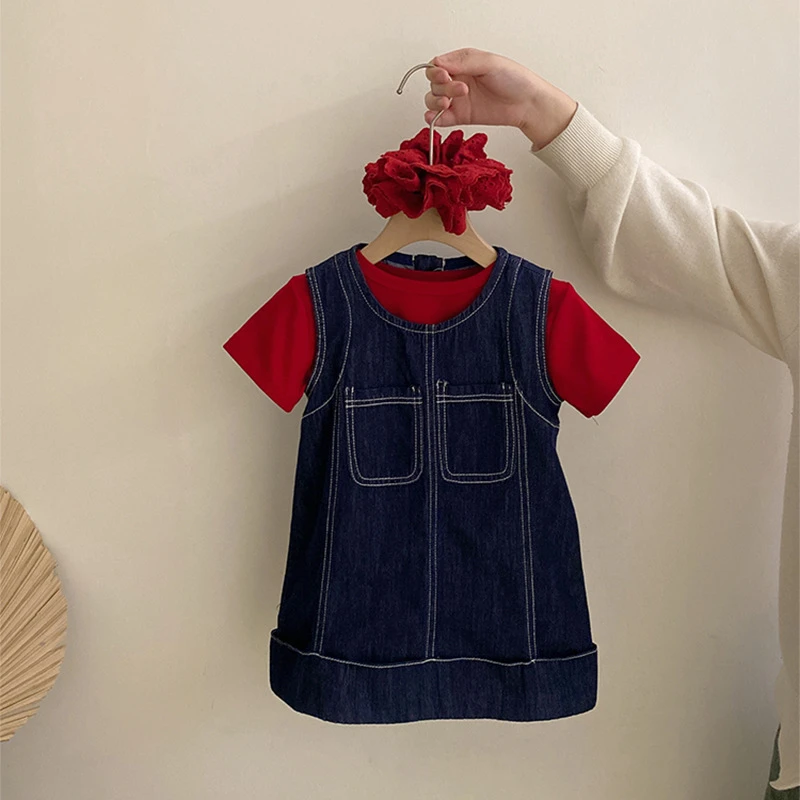 Z-XM018气质复古圆领牛仔马甲女设计感明线短袖上衣夏叠穿两件套