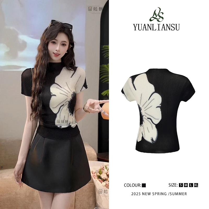 YUANLIANSU/圆脸酥【一梦烟雨】法式气质黑色褶皱修身显瘦T恤上衣女