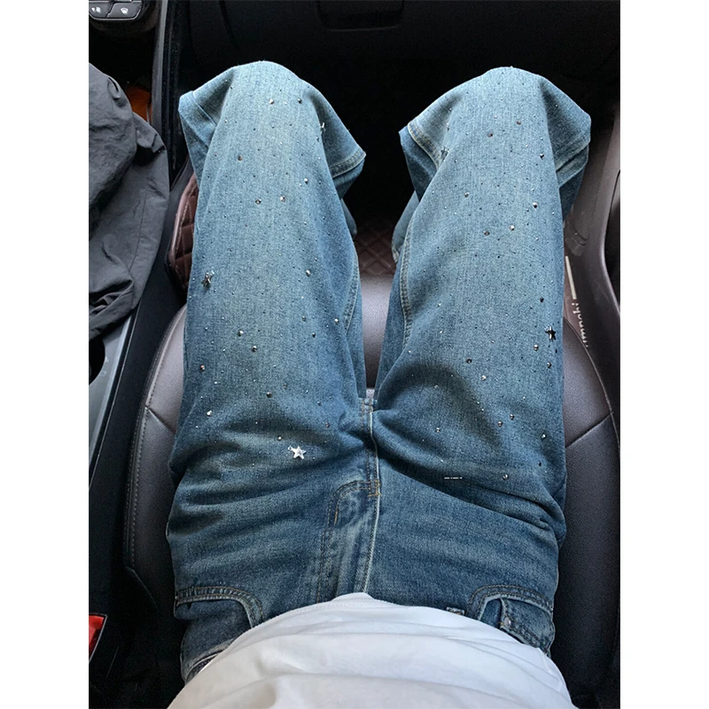 设计感烫钻星星直筒牛仔裤女2025夏季新款高腰宽松显瘦拖地阔腿裤