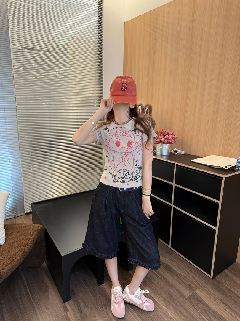 PCNY「米灰喵影」四四大王夏季新款小众休闲百搭可爱猫咪小版短袖