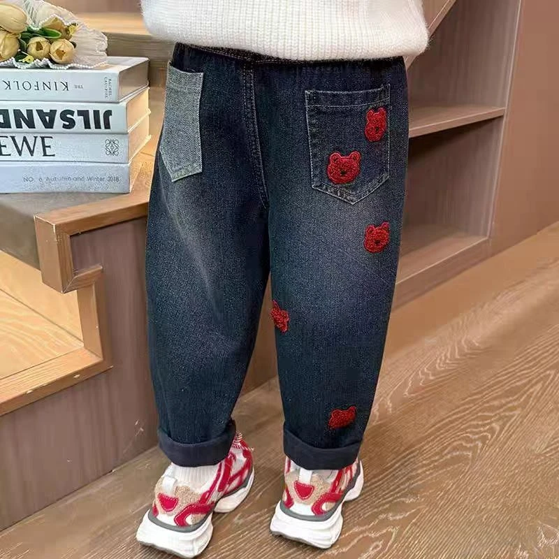 女童牛仔裤加绒加厚一体绒秋冬季2024新款中小童儿童宝宝卡通裤子