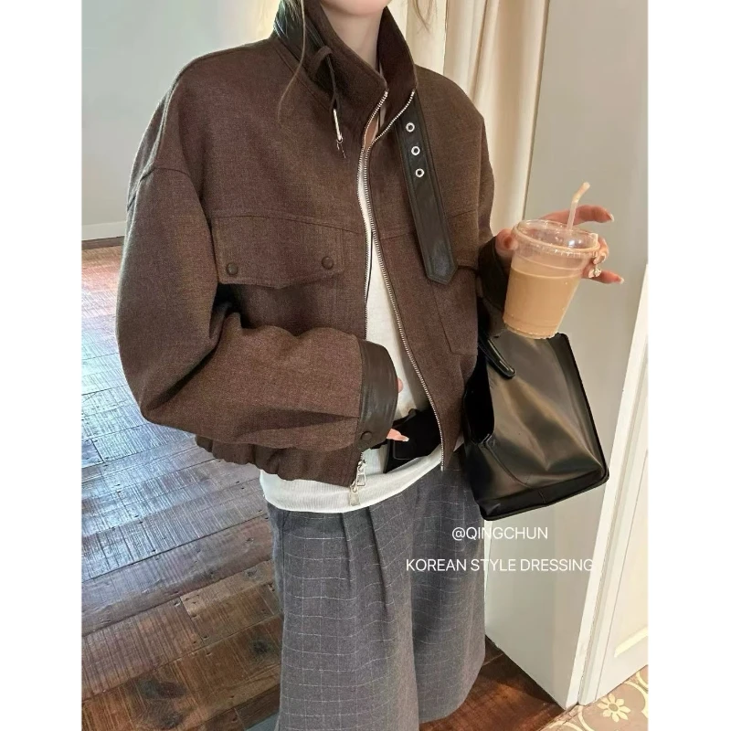 韩系毛呢时尚简约立领短款外套女2025秋季新款休闲百搭夹克上衣潮