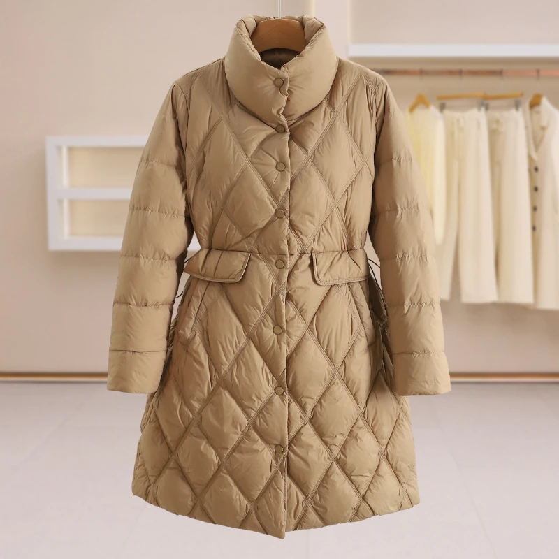 F8158-【左】菱格抽绳收腰中长款羽绒服#WZE58H029