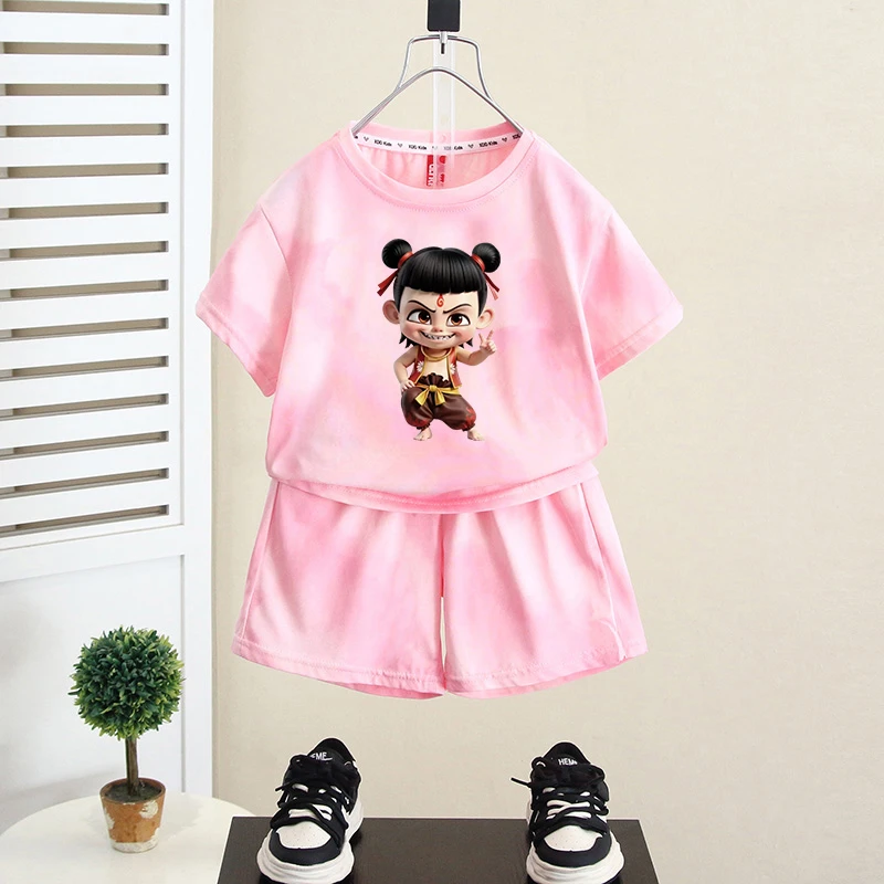 【哪吒套装】男女童夏季扎染套装新款中小童国潮卡通短袖T恤两件套