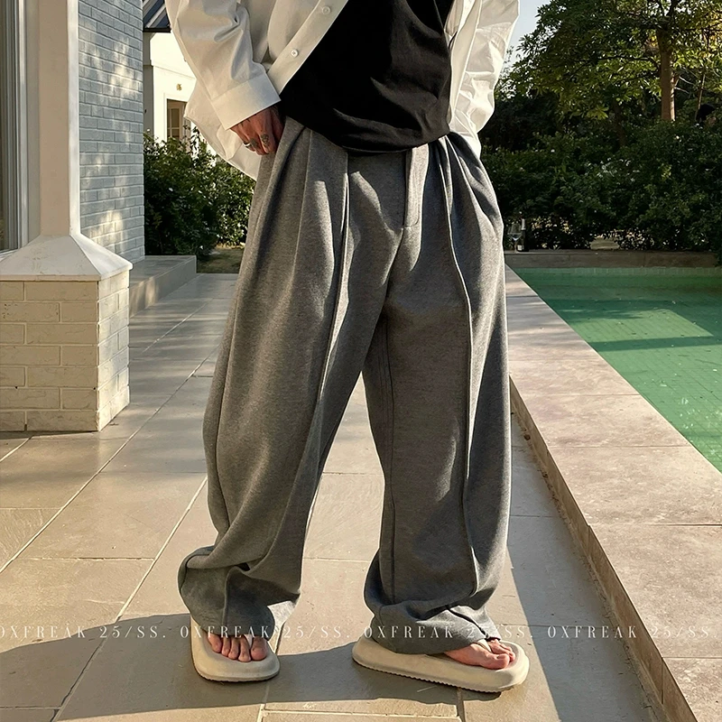 OXFREAK 「褶皱虾线 通勤垂感」高腰直筒休闲裤男宽松黑色西裤