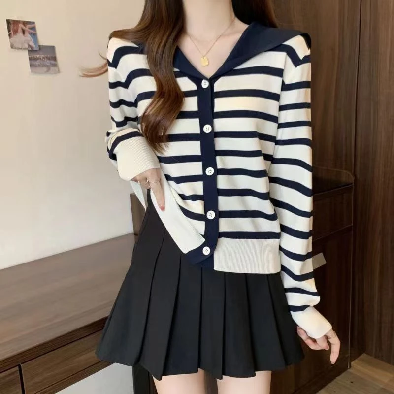 2025海军领冰丝条纹针织衫毛衣学院风宽松甜美开衫春新热卖显瘦长