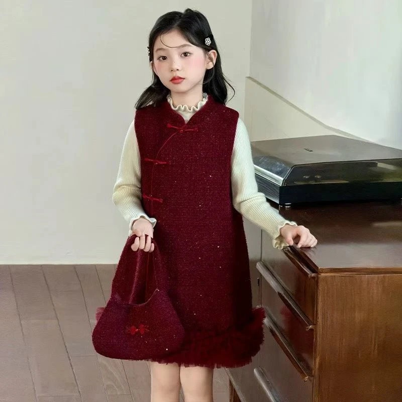 女童秋冬新款中国风加绒红色卫衣套装（叫号拍）