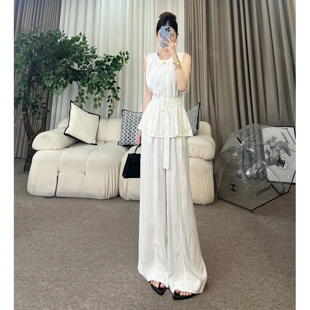 XIAOQIN【精致翘楚】夏季极简无袖收腰上衣直筒阔腿裤套装Y010