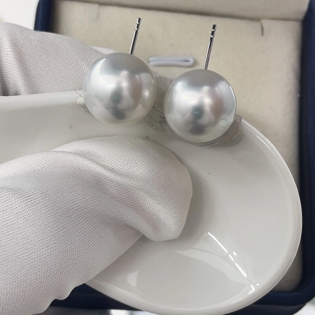 美***士海水珍珠耳饰合金澳白13.4-13.7mm素钉定制