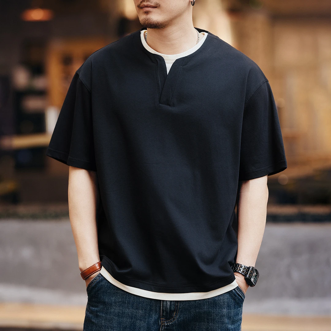 格蓝鹿美式复古潮牌假两件短袖t恤男夏季宽松休闲华夫格半袖体恤