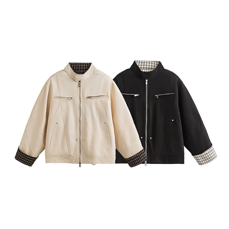 美式重磅哈灵顿格子拼接立领夹克休闲百搭宽松情侣cleanfit外套