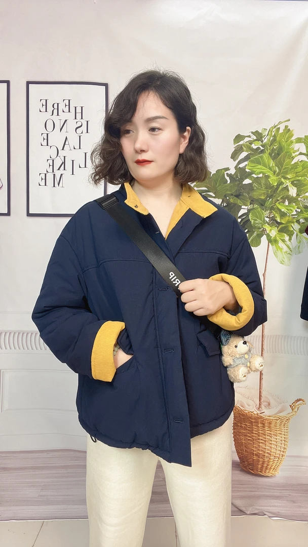 韩版休闲女棉服长袖撞色棉衣秋冬季厚款拼接透气保暖