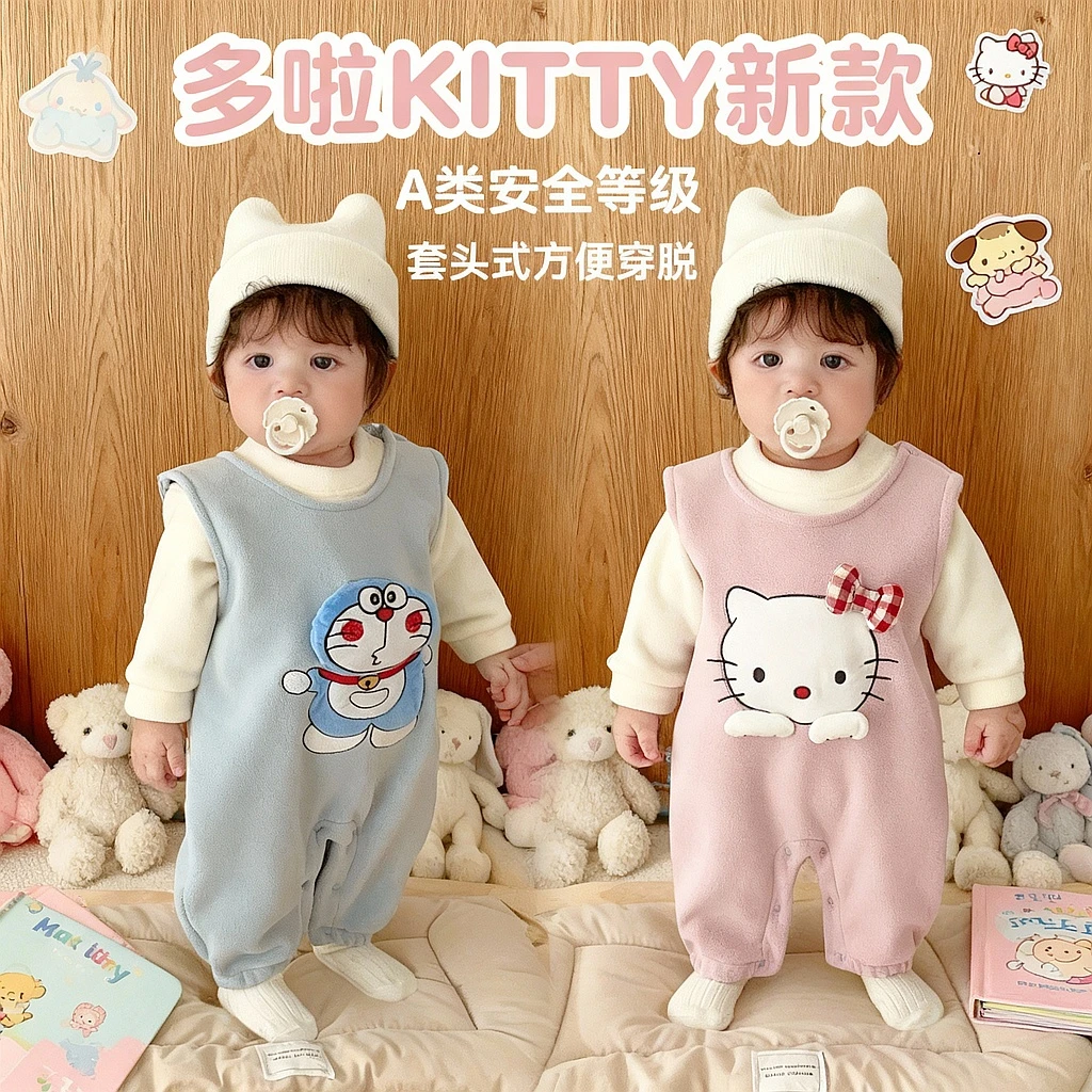 柏丽绒【上衣+背带裤】秋冬多啦KITTY新款婴儿保暖连体哈衣外出服