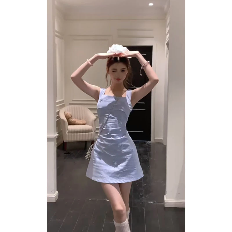 春夏新款甜美风温柔小个子无袖背心连衣裙女收腰显瘦百搭休闲短裙