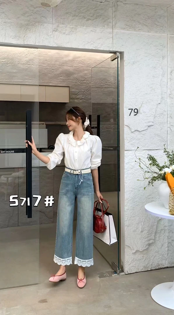 【甜美必备】蕾丝花边牛仔裤牛高腰显瘦甜美风约会逛街两不误显瘦