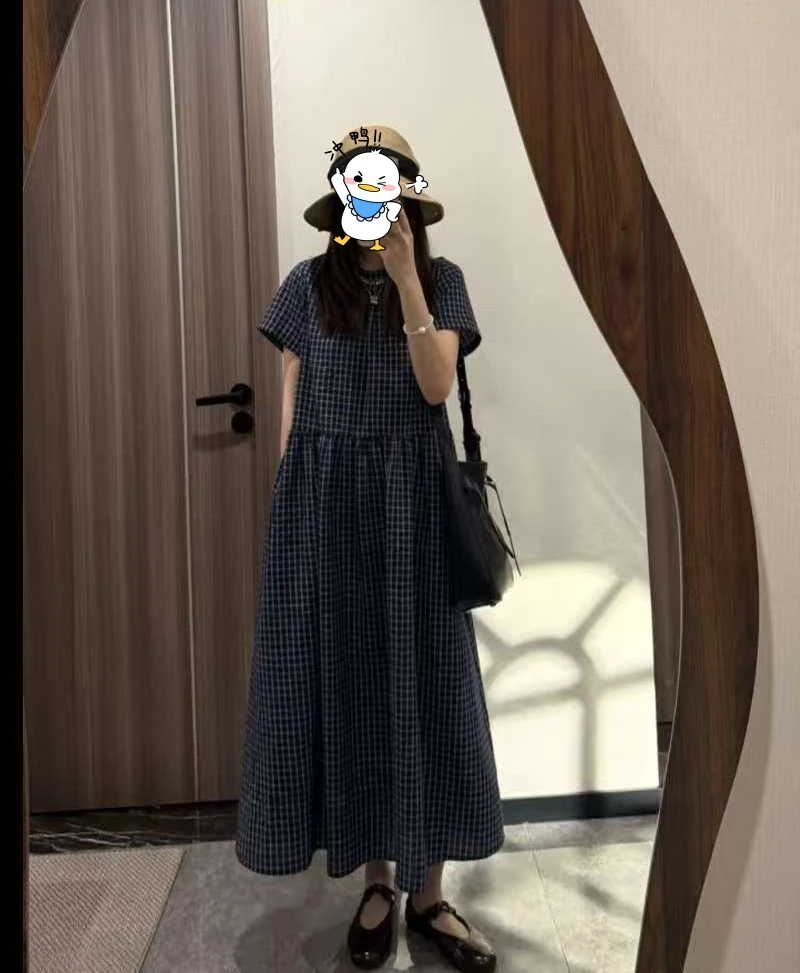 大码复古微胖显瘦格纹连衣裙宽松短袖长裙9526#