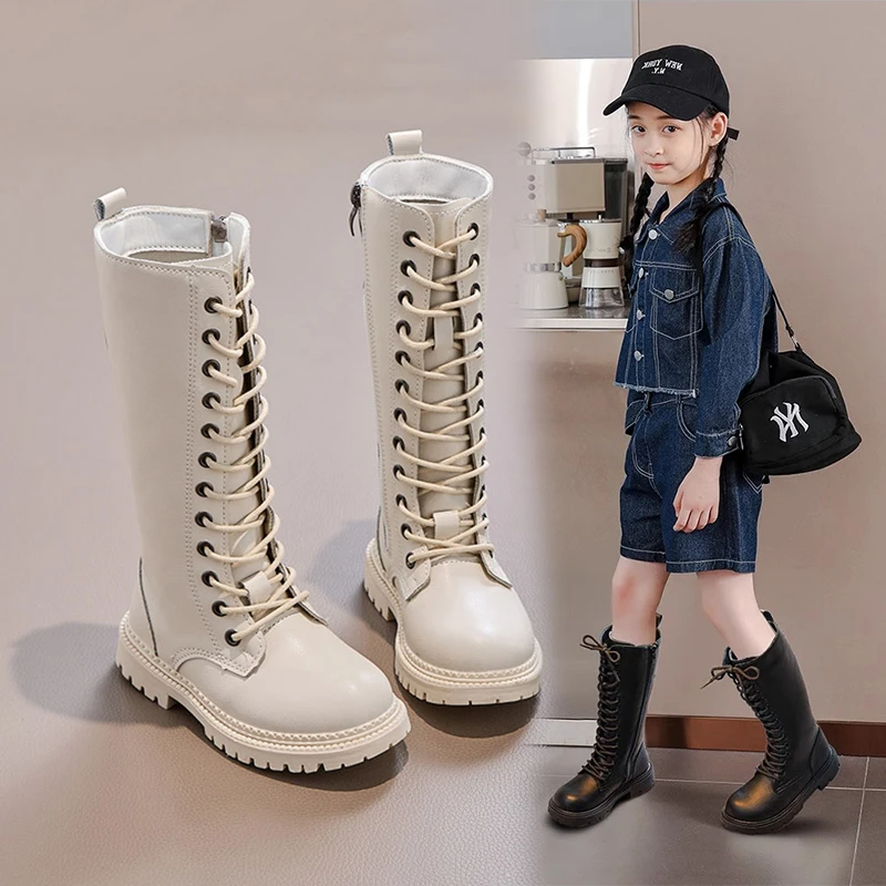 儿童皮靴加绒骑士靴2025秋冬款法式高筒靴中长筒公主裤管靴马丁靴