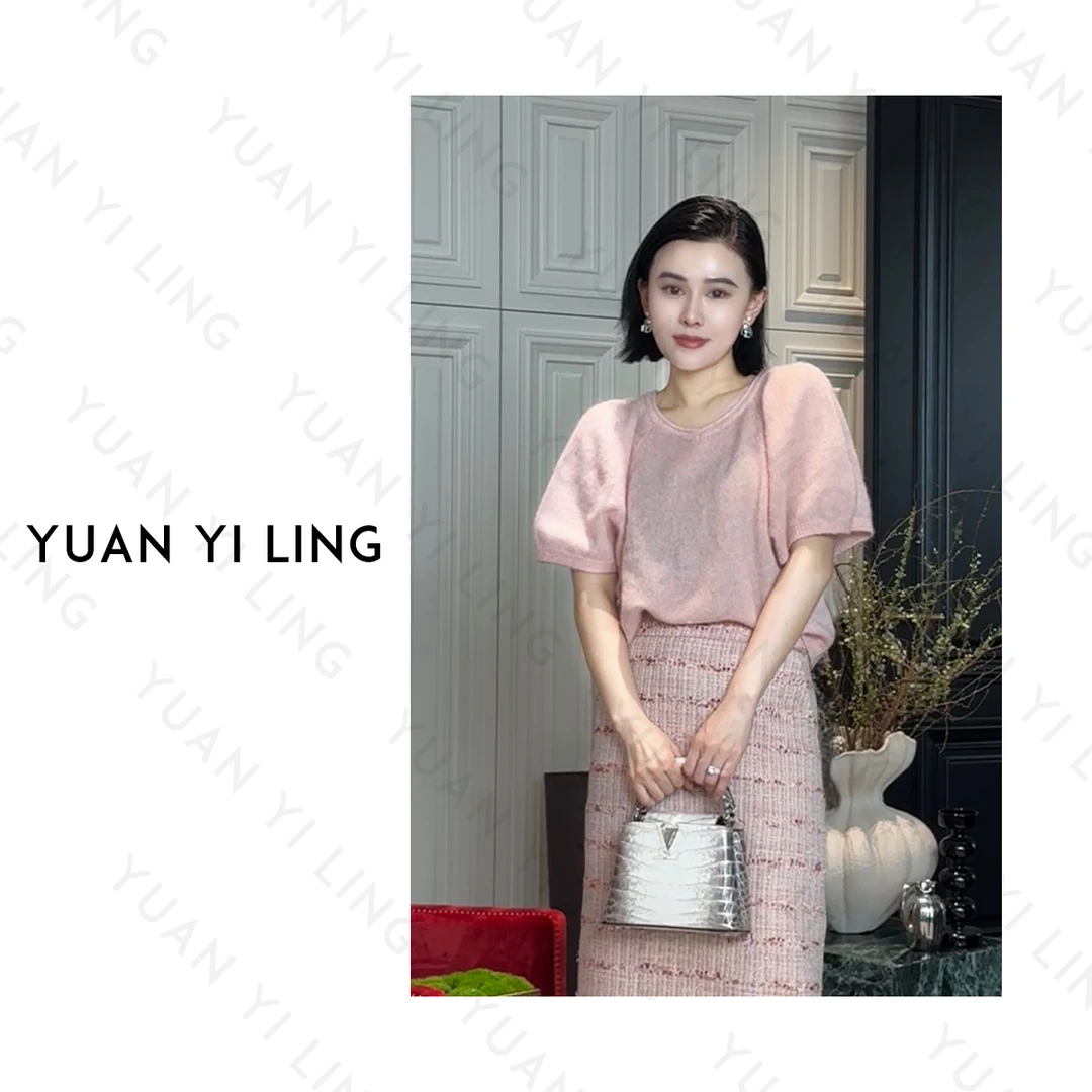 袁艺灵【春日信号】25春季新款 羊驼羊毛混纺V领针织短袖欧若风上衣