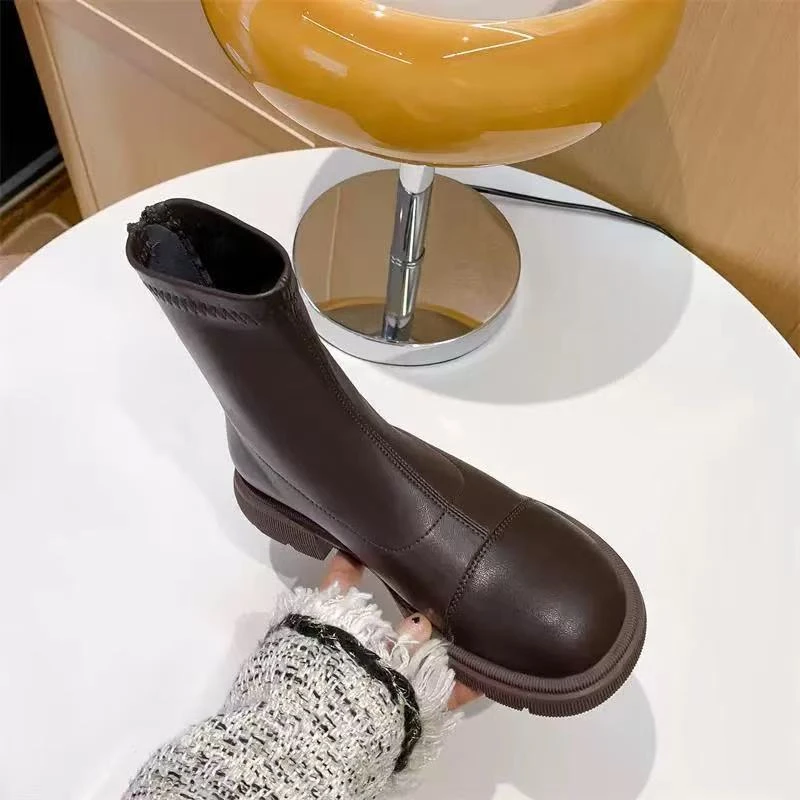 W33G731马丁靴女秋季英伦风新款复古软皮厚底后拉链切尔西