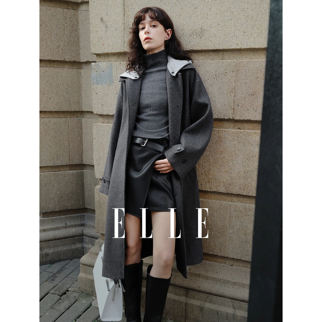 ELLE女装连帽系带毛呢外套2025冬季新款休闲廓形气质大衣EF52747