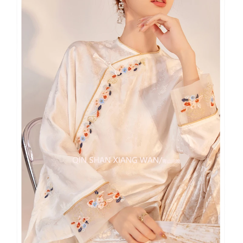 【栖然】国风新中式上衣配马面裙提花天丝高档刺绣上衣显瘦百搭衬衫