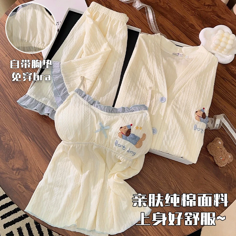 带胸垫睡衣夏季女短袖纯棉三件套装2025新款可爱腊肠狗夏天家居服