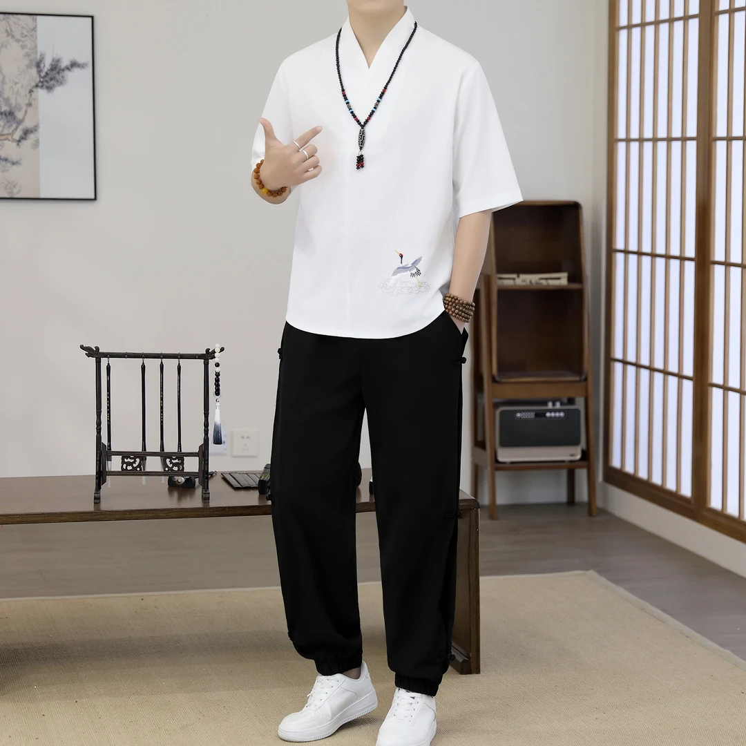 夏季新款男士短袖T恤中国风套装国潮复古中式唐装宽松休闲两件套