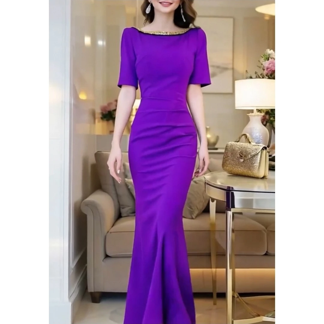 夏季优雅气质圆领短袖收腰遮肚修身显瘦鱼尾包臀连衣裙