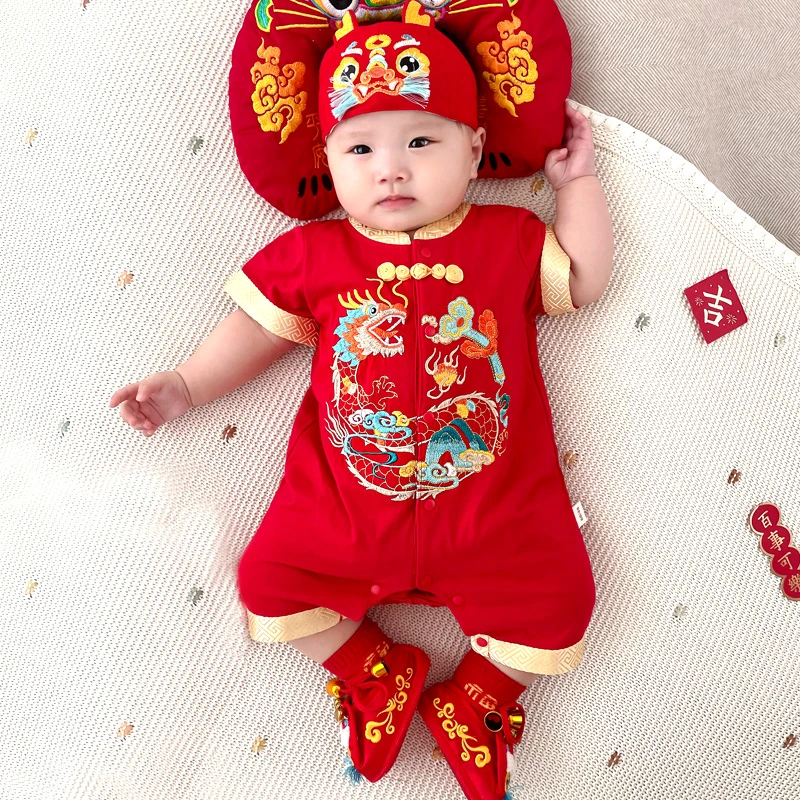 婴儿短袖连体衣夏季哈衣宝宝满月百天周岁服抓周礼服国潮5387