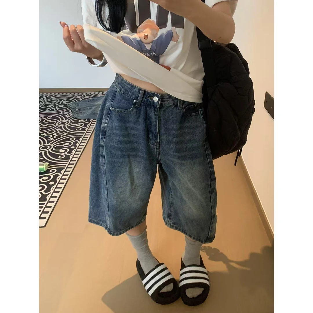 金靖同款七分牛仔短裤女夏季新款做旧高腰宽松阔腿显瘦直筒中裤子