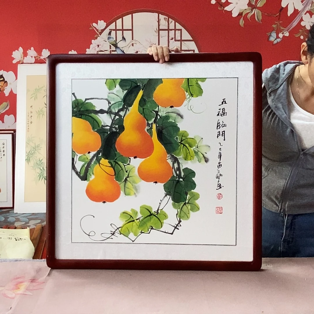国画手写手绘国画作品带框包邮62✖️62