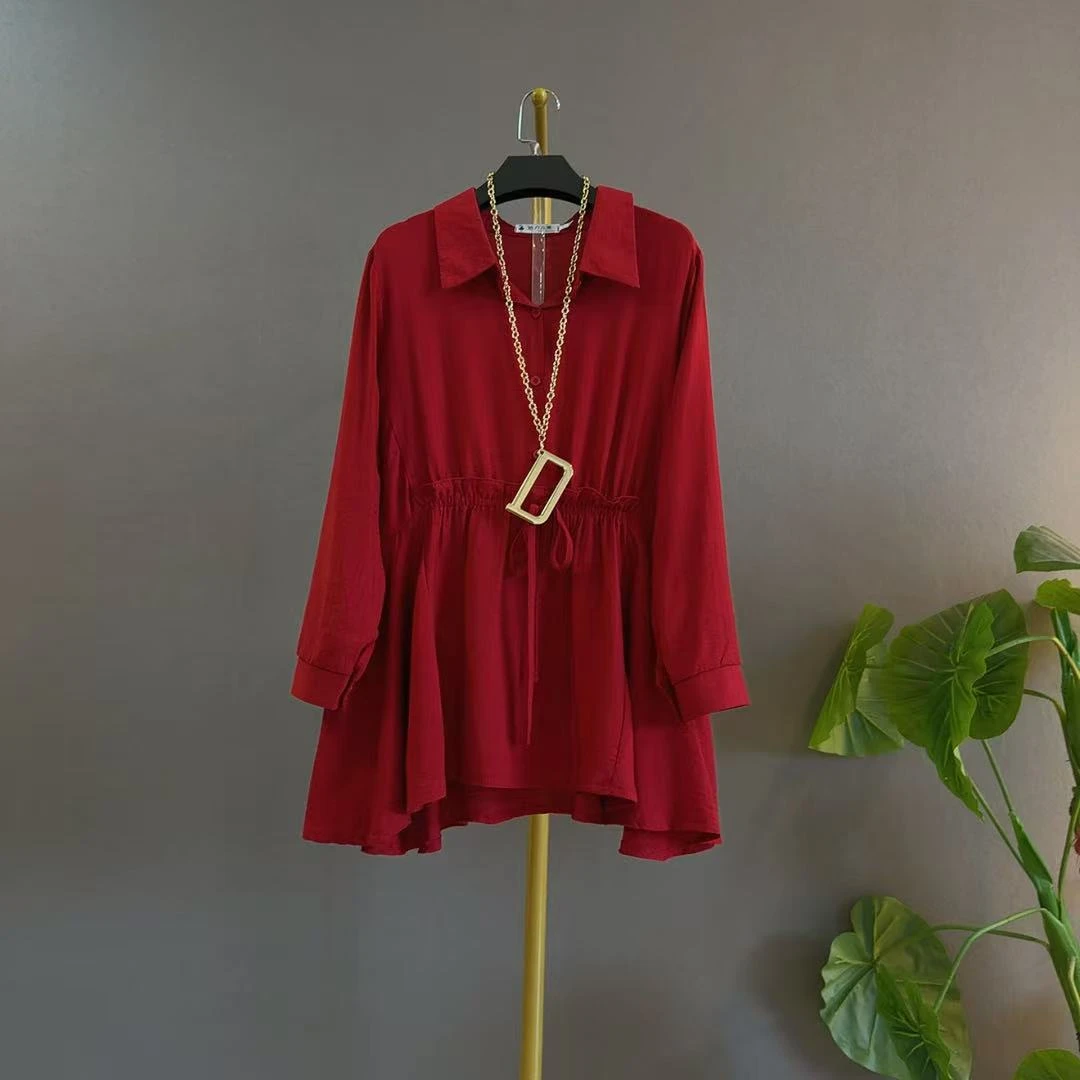 系带翻领长袖套头中长款雪纺衫洋气收腰时尚ins风遮肉大码苹果型