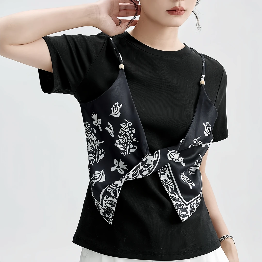 短袖T恤女2025夏季气质新款显瘦洋气修身重工假两件设计感上衣