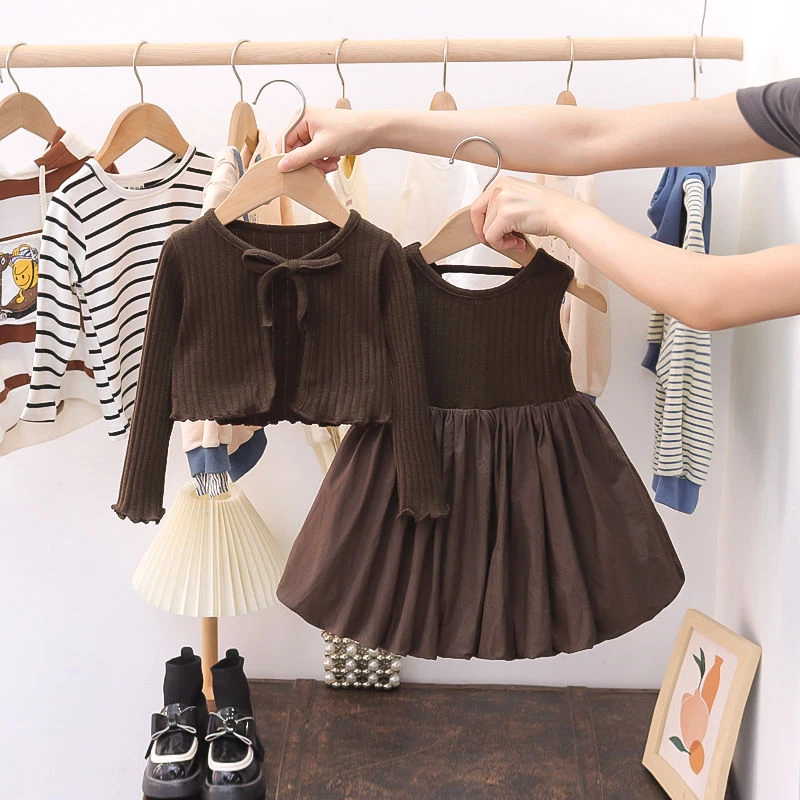 2025春秋款新款女童连衣裙套装女宝宝长袖针织开衫花苞裙蓬蓬裙潮