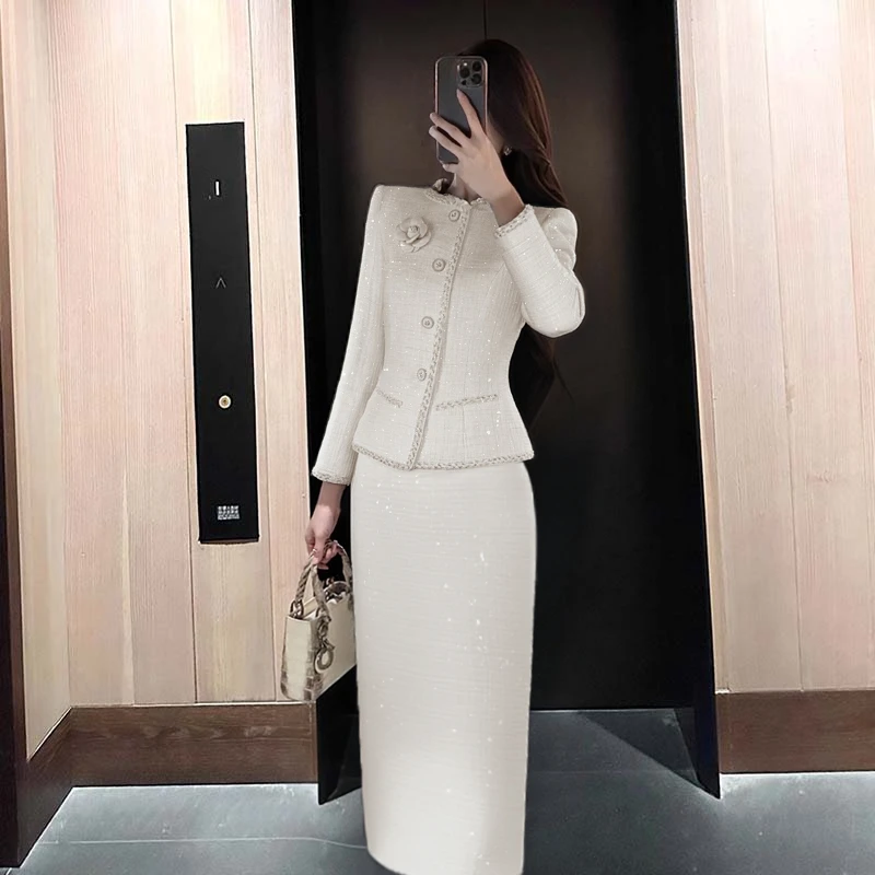 【两件套】【有里布】优雅小香外套女收腰显瘦高腰开叉半裙套装D3843