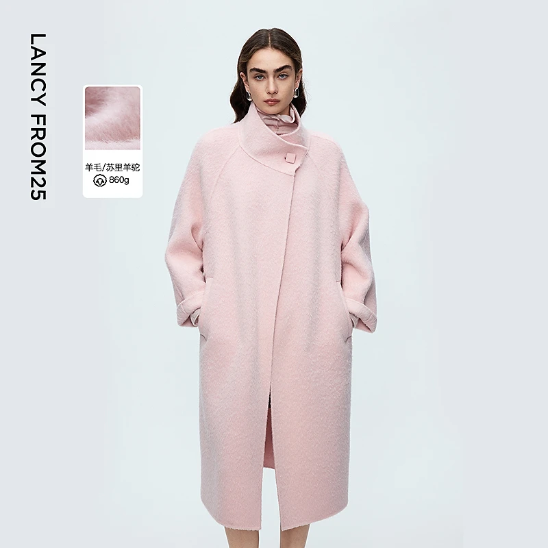 朗姿羊毛高领双面呢修身长款毛呢外套通勤风呢子大衣2025