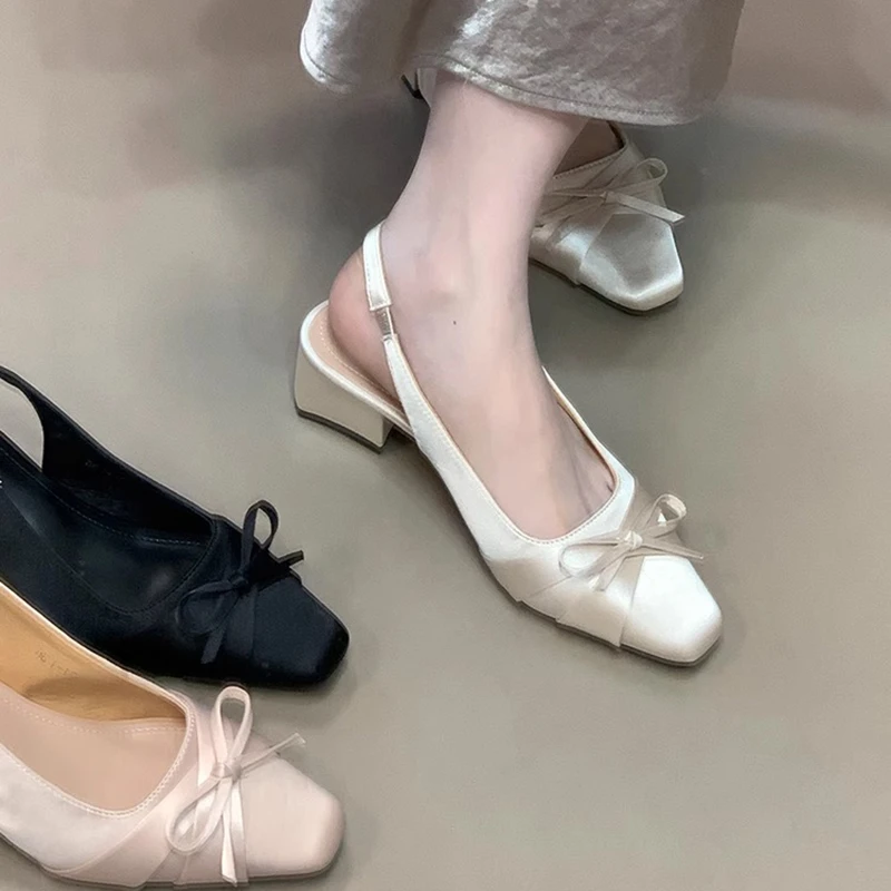Cql法式仙女风包头后空凉鞋春夏新款百搭缎面蝴蝶结方头凉鞋女