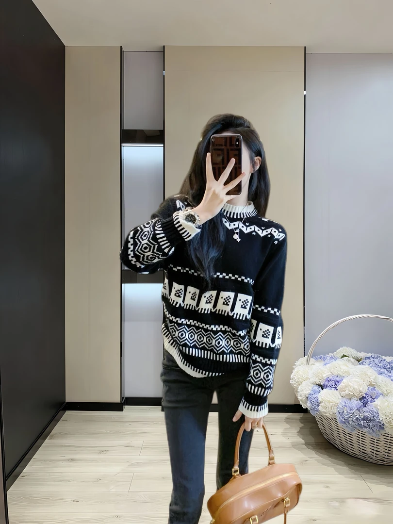 费尔岛网红新款毛衣女秋冬季慵懒风宽松百搭针织衫拼接套头打底潮