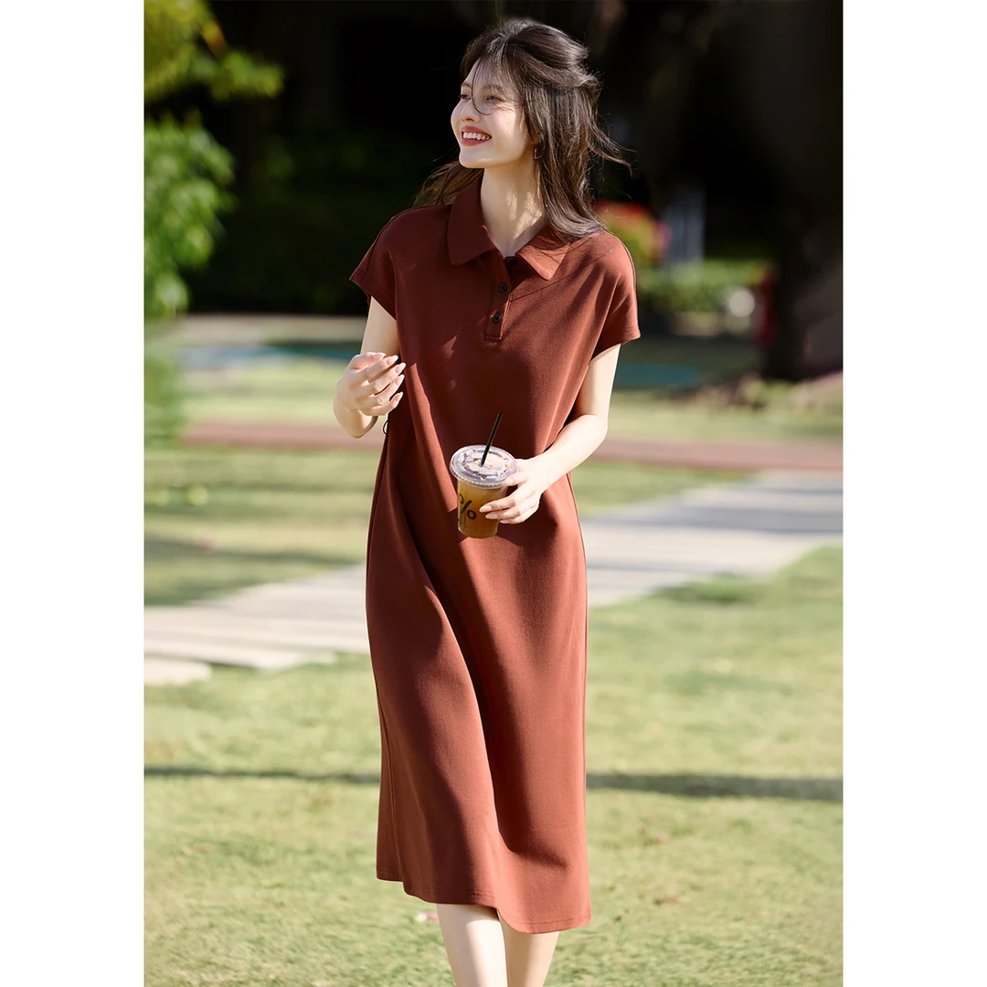XWI/欣未2025夏季新款时尚气质收腰安可拉红小飞袖POLO领连衣裙女