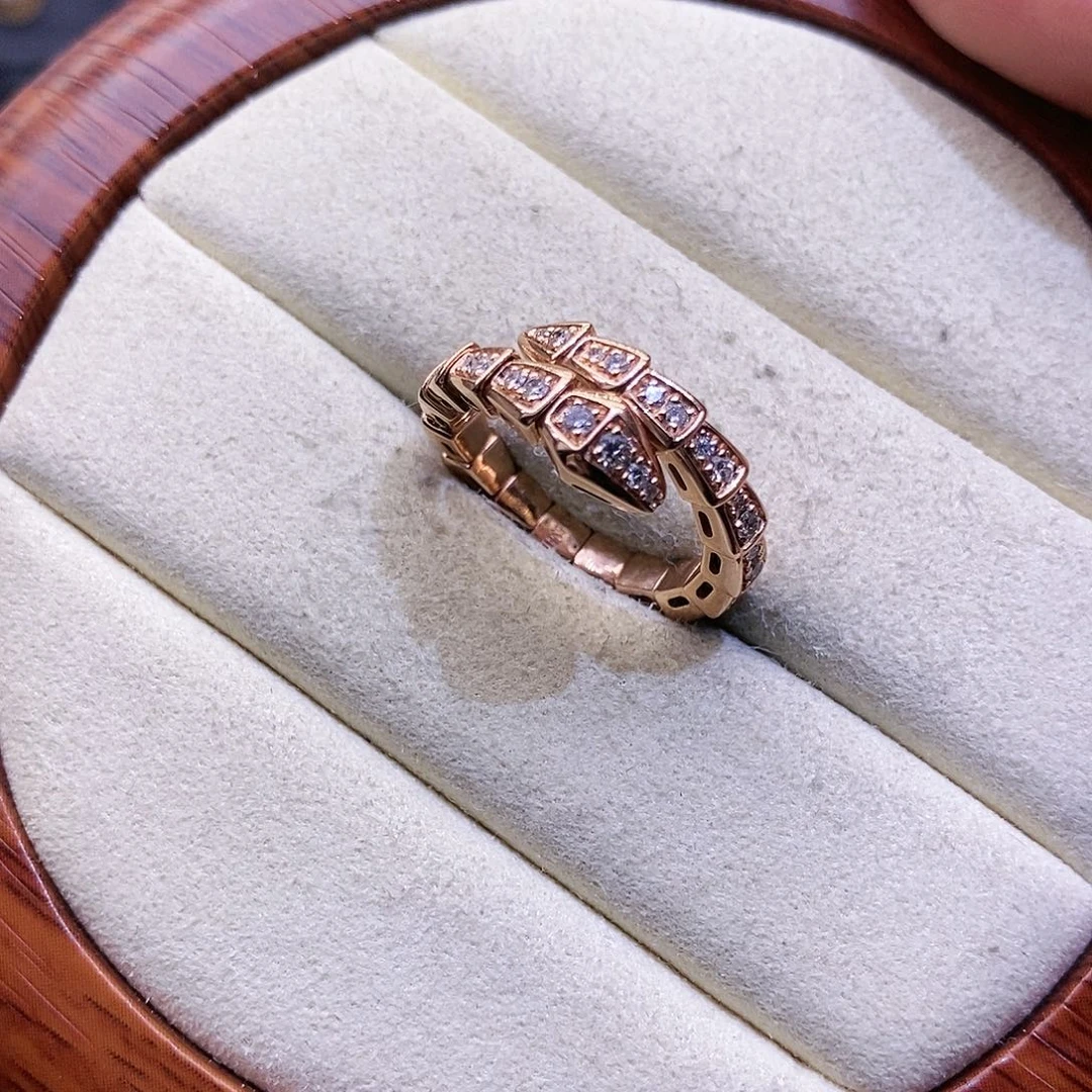 钻石戒指/指环18K金镶嵌k玫窄版蛇戒