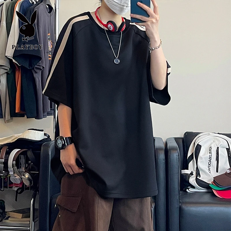 PLAYBOY/花花公子美式撞色插肩袖T恤男夏季潮流痞帅拼接宽松圆领