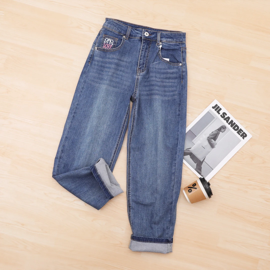 高腰显瘦哈伦牛仔裤女宽松百搭休闲直筒长裤春秋新款刺绣显瘦百搭