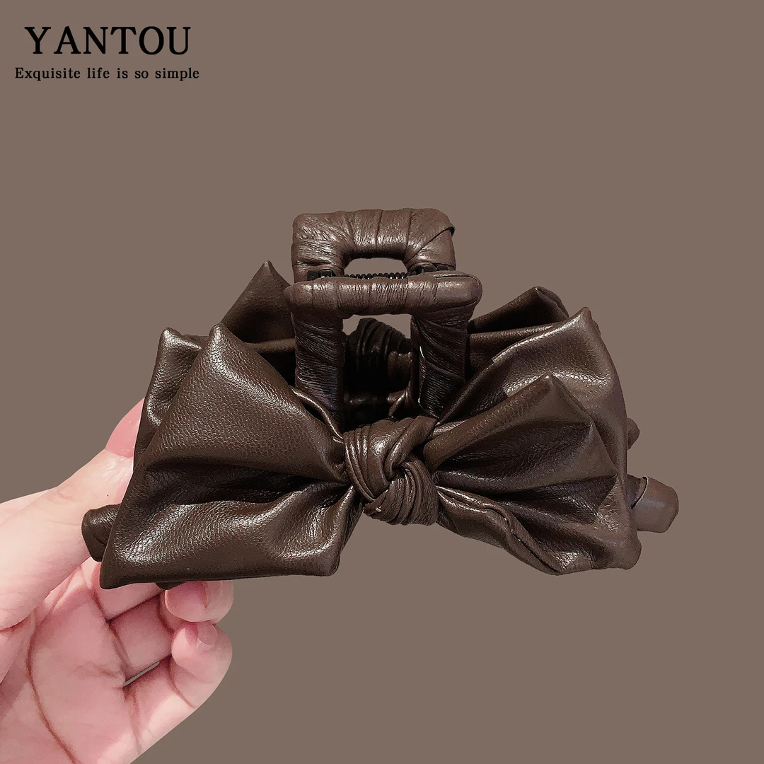 韩系ins东大门高端发夹蝴蝶结皮质大号抓夹轻奢小香风盘发鲨鱼夹