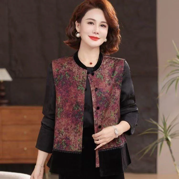 大码套装妈妈装2025秋季新款国风遮肉显瘦中老年立领金丝绒套装