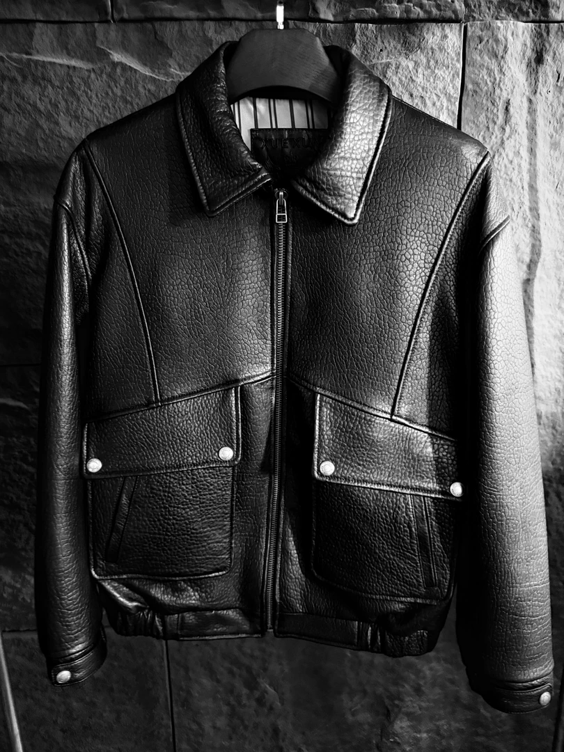 男纯色翻领皮衣男士真皮简约夹克潮流秋冬