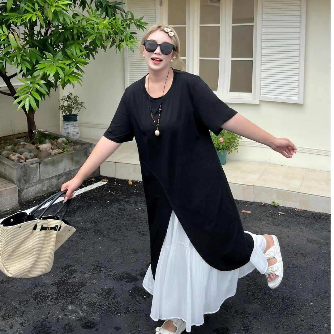 媛子大码小众开叉上衣设计师不规则裙摆胖mm遮肉显瘦夏季新款