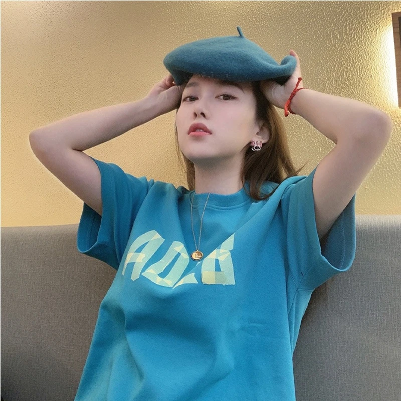 网红时尚炸街新款女装蓝色小众短袖T恤女宽松网红百搭中长款上衣