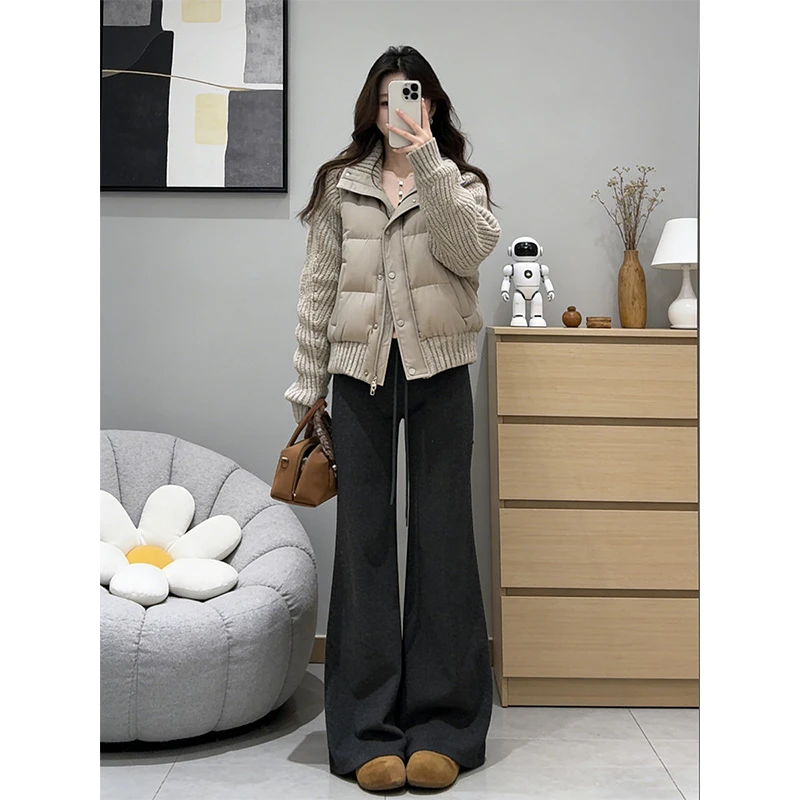 MARIE.COCO冬季新款韩系穿搭针织拼接棉服外套抽绳阔腿休闲裤套装